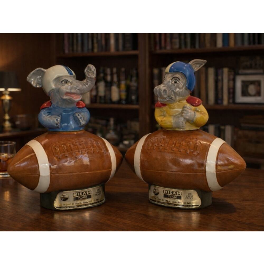 Vintage Jim Beam Football Decanter Bottles Elephant Donkey Set Empty ~ 1972